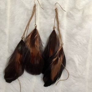 Brown Feather and Gold Chain Dangly Earrings
